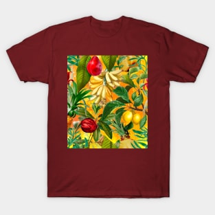 tropical exotic botanical illustration with floral tropical fruits, botanical pattern, fruit pattern, Yellow fruit pattern over a T-Shirt